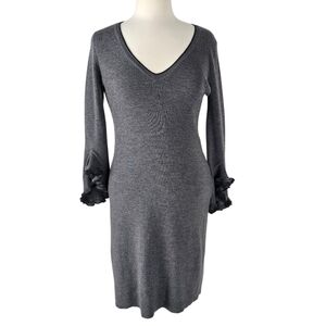 Milly New York Gray Merino Wool Knit V Neck Ruffle Sleeve Sheath Dress Size L